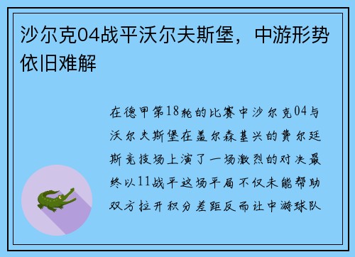 沙尔克04战平沃尔夫斯堡，中游形势依旧难解
