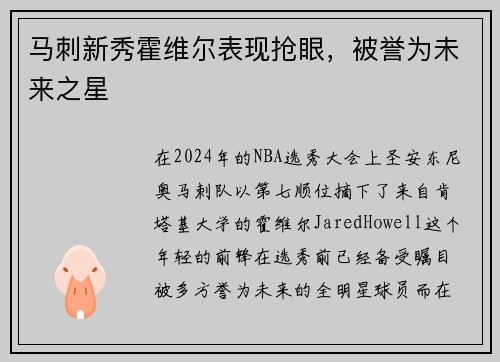 马刺新秀霍维尔表现抢眼，被誉为未来之星